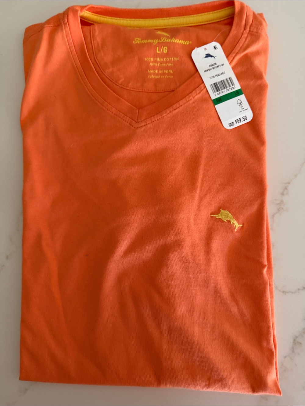 Tommy Bahama Orange V-Neck Short Sleeve Tee with Yellow Fish Logo